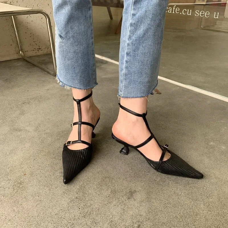 binfenxie Spring New Brand Women Pumps Shoes Fashion Pleated Pointed Toe Ladies Elegant Slingback Sandals