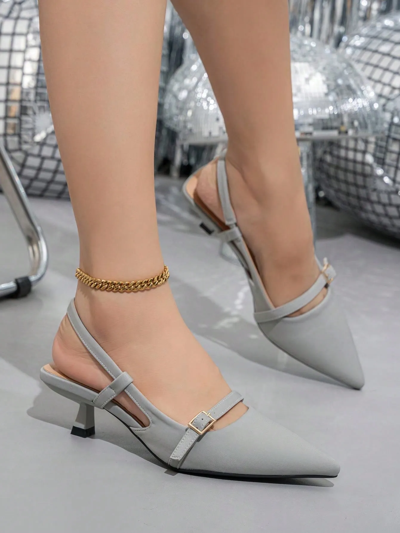 Women's Pointed Toe Buckle Strap Solid Color Low Heel Shoes, Fashionable Open Toe Slip-On Office Work Pumps Suitable For Spring Summer Autumn Winter Formal Occasions, Grey Dress Shoes