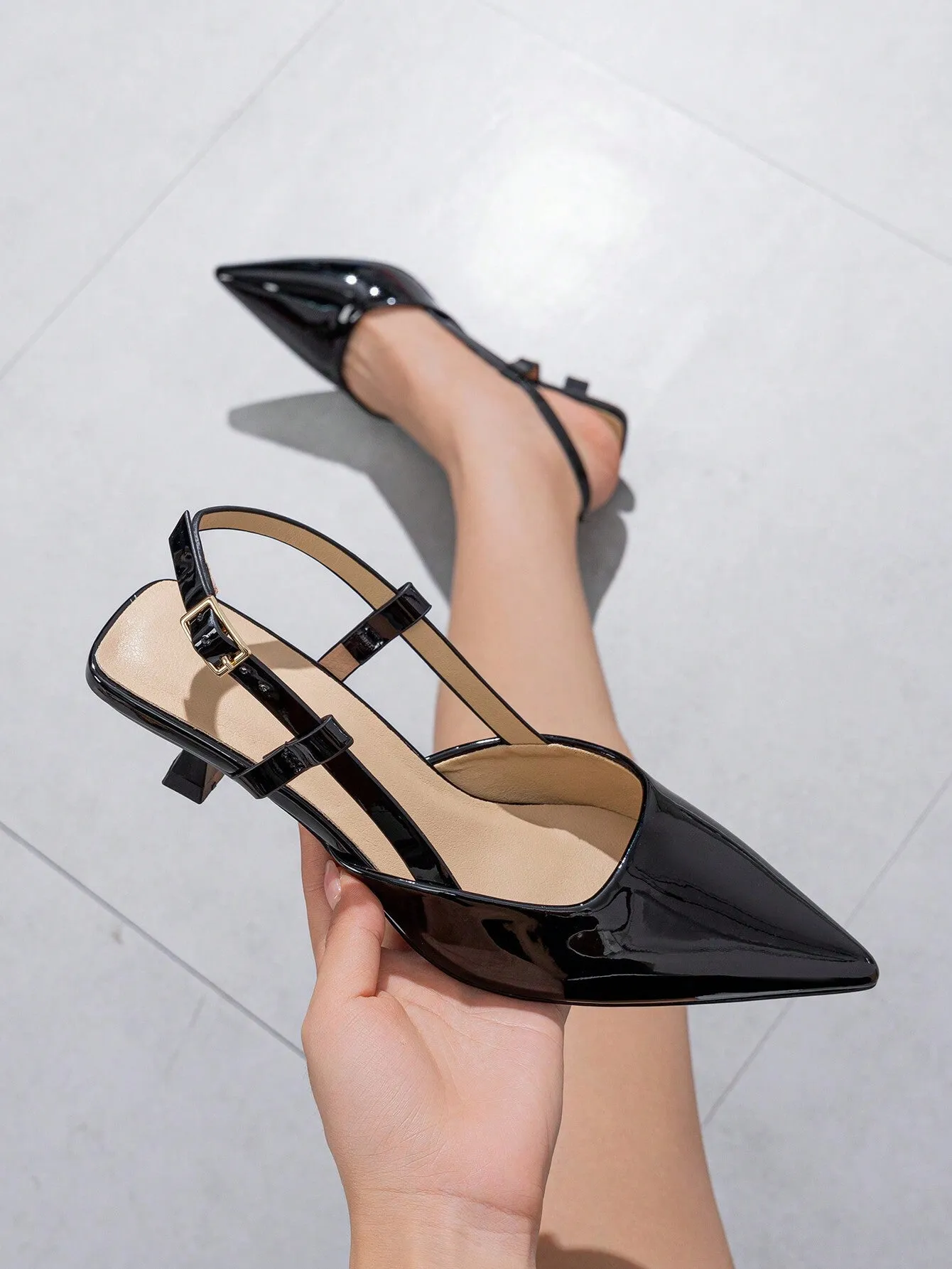 Women's Pointed Toe Buckle Strap Solid Color Low Heel Shoes, Fashionable Open Toe Slip-On Office Work Pumps Suitable For Spring Summer Autumn Winter Formal Occasions, Grey Dress Shoes